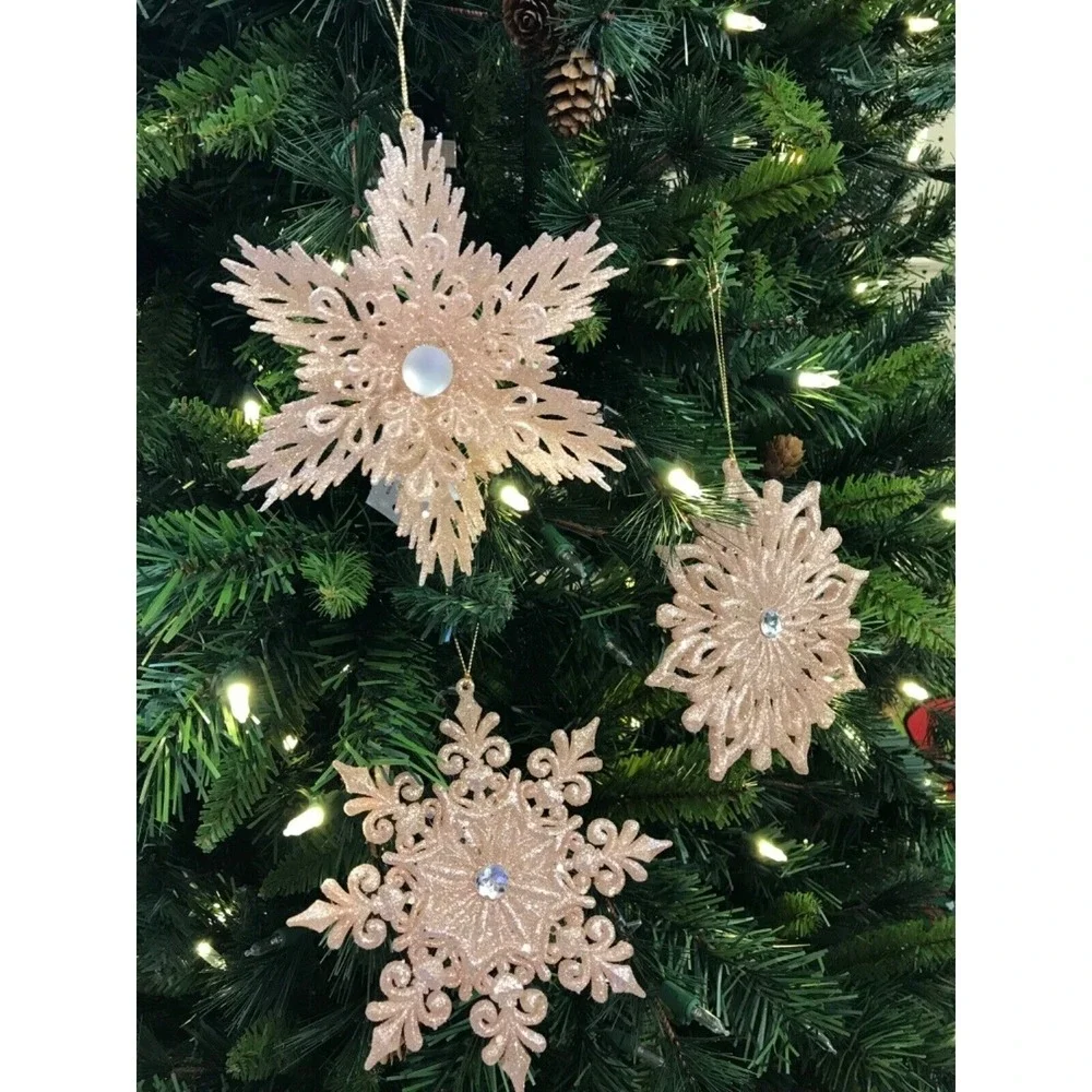 3‎ Snowflake Christmas Ornaments Pink Blush 6 in Unique Styles Bead Rhinestone
